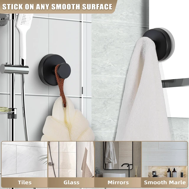 Alt view image 2 of 7 - Suction Cup Hooks for Shower No-Drill Bathroom Hooks for Towels, Robes, Loofah Mountable on Bathroom Walls, Kitchen, Glass, Mirrors, Tile and Smooth,Non-Porous Surfaces (4, Matte Black)