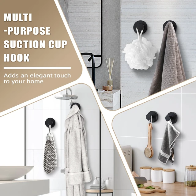Alt view image 3 of 7 - Suction Cup Hooks for Shower No-Drill Bathroom Hooks for Towels, Robes, Loofah Mountable on Bathroom Walls, Kitchen, Glass, Mirrors, Tile and Smooth,Non-Porous Surfaces (4, Matte Black)