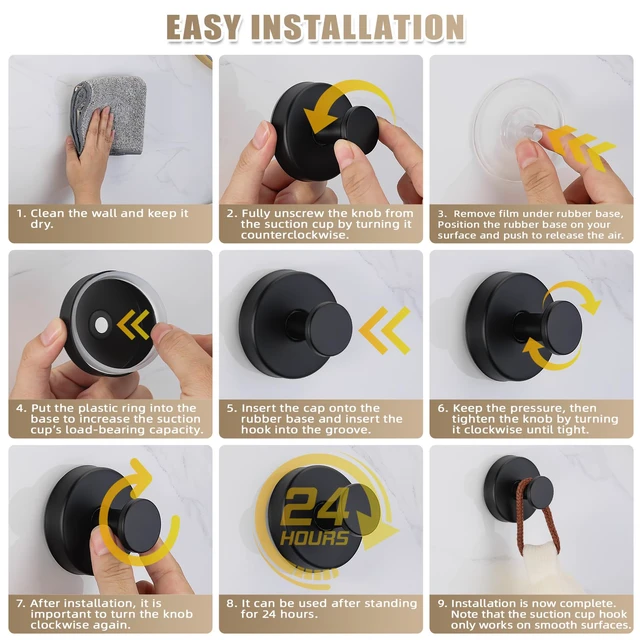 Alt view image 5 of 7 - Suction Cup Hooks for Shower No-Drill Bathroom Hooks for Towels, Robes, Loofah Mountable on Bathroom Walls, Kitchen, Glass, Mirrors, Tile and Smooth,Non-Porous Surfaces (4, Matte Black)