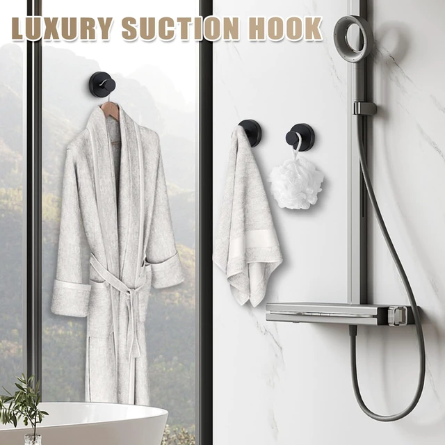 Alt view image 6 of 7 - Suction Cup Hooks for Shower No-Drill Bathroom Hooks for Towels, Robes, Loofah Mountable on Bathroom Walls, Kitchen, Glass, Mirrors, Tile and Smooth,Non-Porous Surfaces (4, Matte Black)