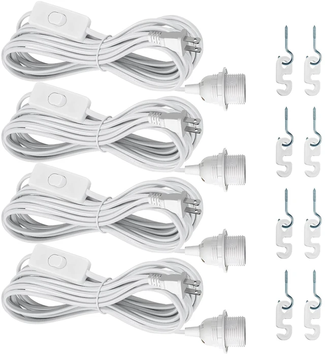 Main image of Plug in Pendant Light Cord Kit - 16Ft Light Bulb Socket with Cord E26/E27 Hanging Lantern Lamp Cable with Switch,Socket Rings, 4 Pack, White
