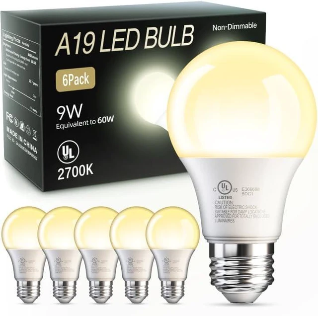 Main image of 6 Pack A19 LED Light Bulbs, 60 Watt Equivalent LED Bulb, Soft Warm White 2700K, Efficient 9W, E26 Standard Base, Non Dimmable Energy Saving Light Bulb, 800LM, 80 CRI, 120V, UL Listed