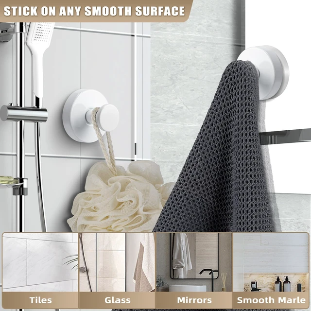 Alt view image 3 of 7 - Suction Cup Hooks for Shower No-Drill Bathroom Hooks for Towels, Robes, Loofah Mountable on Bathroom Walls, Kitchen, Glass, Mirrors, Tile and Smooth,Non-Porous Surfaces (4, White)