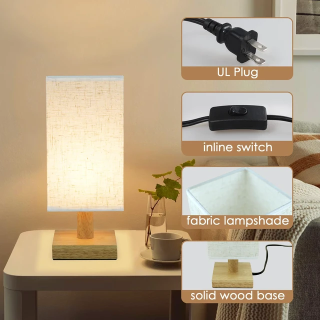 Alt view image 5 of 7 - Small Bedside Table Lamp for Bedroom, Minimalist Nightstand Lamp with Square Fabric Linen Shade, Mini Cute Study Reading Desk Lamp Night Table Lamp for Living Room,Nursery, Home, Office,4.3in