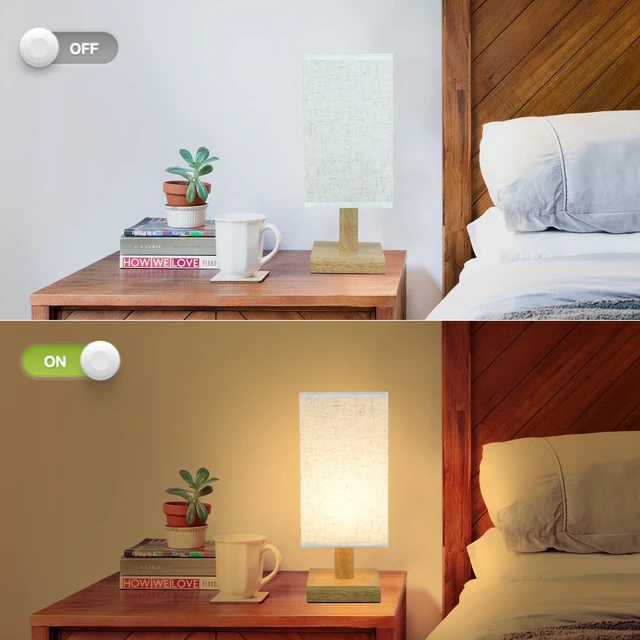 Alt view image 3 of 7 - Small Bedside Table Lamp for Bedroom, Minimalist Nightstand Lamp with Square Fabric Linen Shade, Mini Cute Study Reading Desk Lamp Night Table Lamp for Living Room,Nursery, Home, Office,4.3in