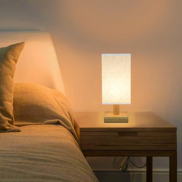 Alt view image 6 of 7 - Small Bedside Table Lamp for Bedroom, Minimalist Nightstand Lamp with Square Fabric Linen Shade, Mini Cute Study Reading Desk Lamp Night Table Lamp for Living Room,Nursery, Home, Office,4.3in