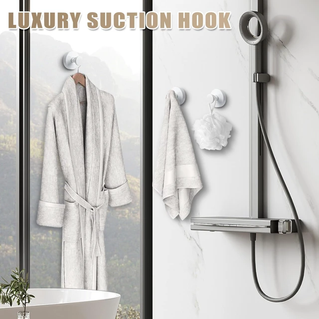 Alt view image 5 of 7 - Suction Cup Hooks for Shower No-Drill Bathroom Hooks for Towels, Robes, Loofah Mountable on Bathroom Walls, Kitchen, Glass, Mirrors, Tile and Smooth,Non-Porous Surfaces (4, White)