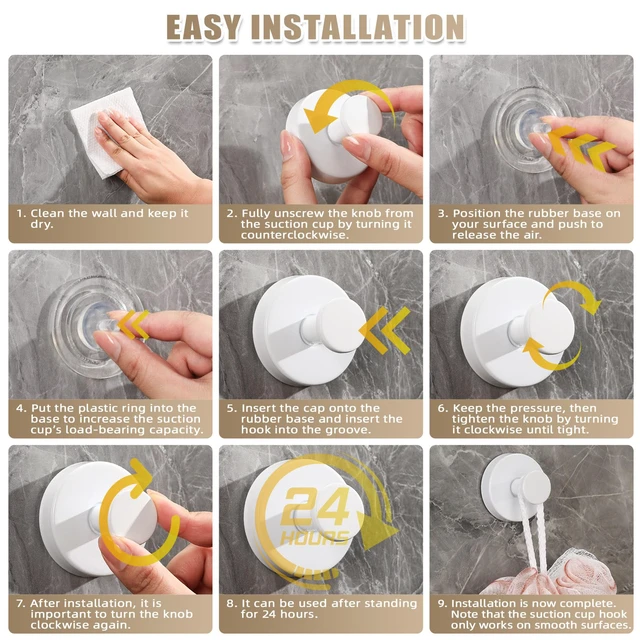 Alt view image 6 of 7 - Suction Cup Hooks for Shower No-Drill Bathroom Hooks for Towels, Robes, Loofah Mountable on Bathroom Walls, Kitchen, Glass, Mirrors, Tile and Smooth,Non-Porous Surfaces (4, White)