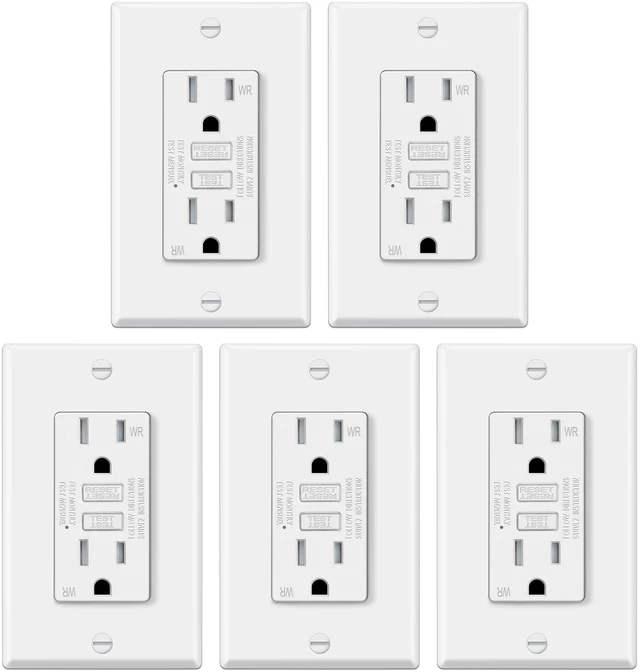 Main image of 5 Pack 15 Amp TR GFCI Outlets, Outdoor GFI, ETL Listed, White Slim Design, 15A GFI, Weather Resistant with LED Indicator, Ground Fault Circuit Interrupter, Wallplate Included