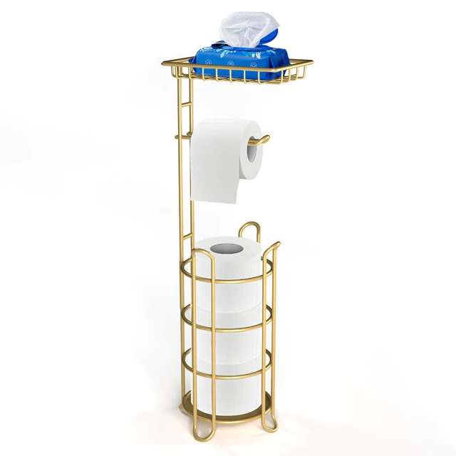 Main image of Gold Toilet Paper Holder Stand with Shelf, Freestanding Tissue Roll Holder, Holds 4 Mega Rolls and Extra Storage for Phone, Wipes