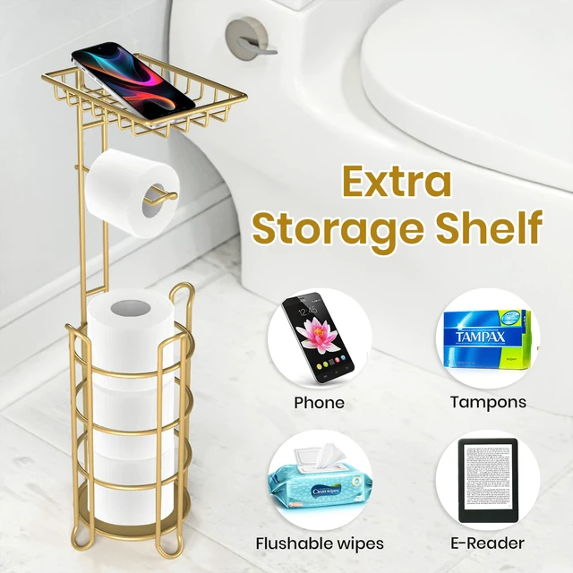 Alt view image 2 of 5 - Gold Toilet Paper Holder Stand with Shelf, Freestanding Tissue Roll Holder, Holds 4 Mega Rolls and Extra Storage for Phone, Wipes