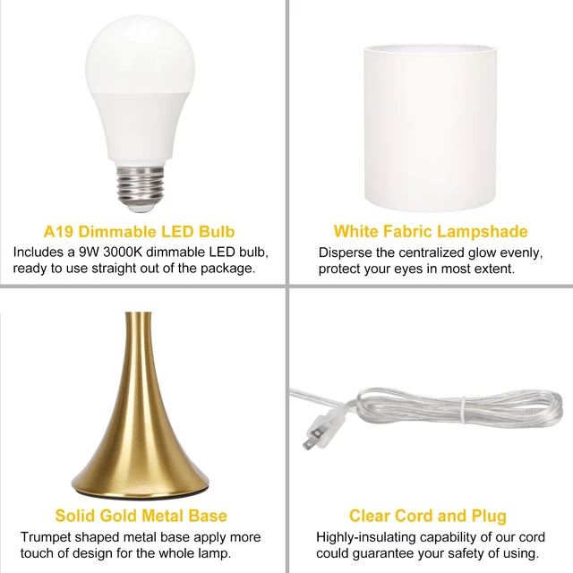Alt view image 7 of 7 - Gold Bedside Lamp Touch Control Table Lamp for Bedroom, 3-Way Dimmable Nightstand Lamp with White Shade, Modern Table Lamp for Living Room, Minimalist Desk Lamp for Dorm, Home, Office, Bulb Included