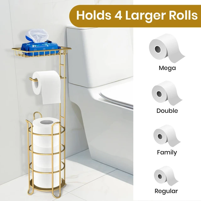 Alt view image 3 of 5 - Gold Toilet Paper Holder Stand with Shelf, Freestanding Tissue Roll Holder, Holds 4 Mega Rolls and Extra Storage for Phone, Wipes