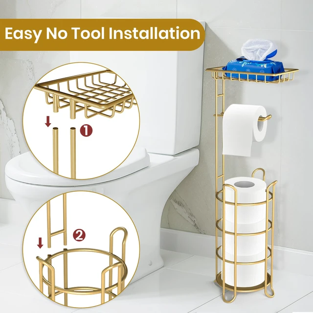 Alt view image 4 of 5 - Gold Toilet Paper Holder Stand with Shelf, Freestanding Tissue Roll Holder, Holds 4 Mega Rolls and Extra Storage for Phone, Wipes