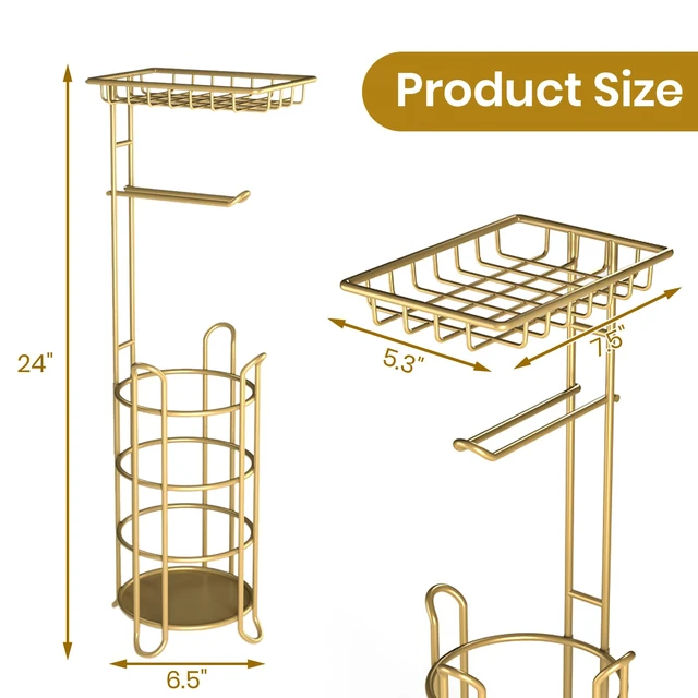 Alt view image 5 of 5 - Gold Toilet Paper Holder Stand with Shelf, Freestanding Tissue Roll Holder, Holds 4 Mega Rolls and Extra Storage for Phone, Wipes