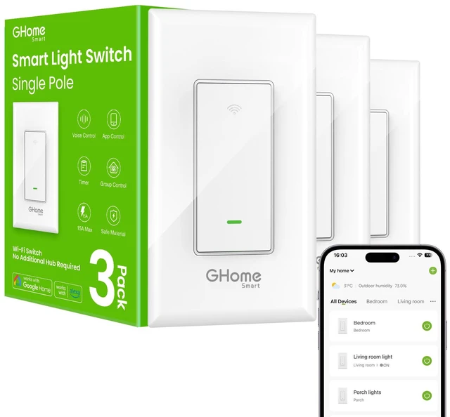 Main image of Switches for Lights, Single Pole, SW5-3 Pack, Works with Alexa Google Home Compatible, Neutral Wire Required, 2.4GHz WiFi, Voice Control, App Control, Schedule, Timer, UL FCC Listed