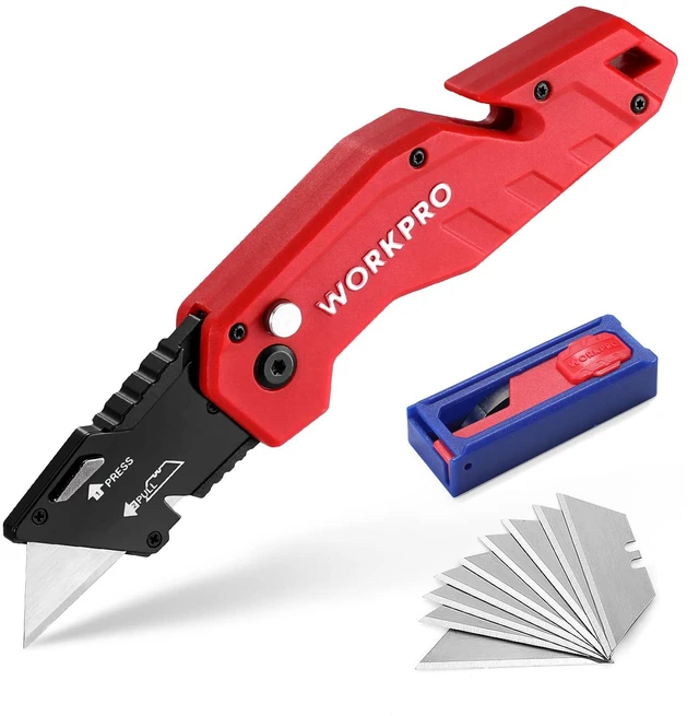 Main image of Folding Utility Knife with 10 Blades, Red Razor Knife with Belt Clip, Lightweight Nylon Handle, Wire Stripper & Gut Hook, Utility Cutter with 10-piece Extra Blades