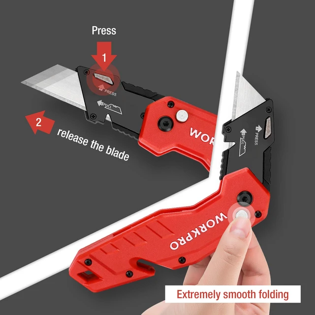 Alt view image 2 of 7 - Folding Utility Knife with 10 Blades, Red Razor Knife with Belt Clip, Lightweight Nylon Handle, Wire Stripper & Gut Hook, Utility Cutter with 10-piece Extra Blades