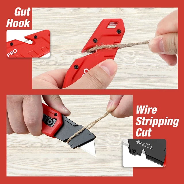 Alt view image 3 of 7 - Folding Utility Knife with 10 Blades, Red Razor Knife with Belt Clip, Lightweight Nylon Handle, Wire Stripper & Gut Hook, Utility Cutter with 10-piece Extra Blades