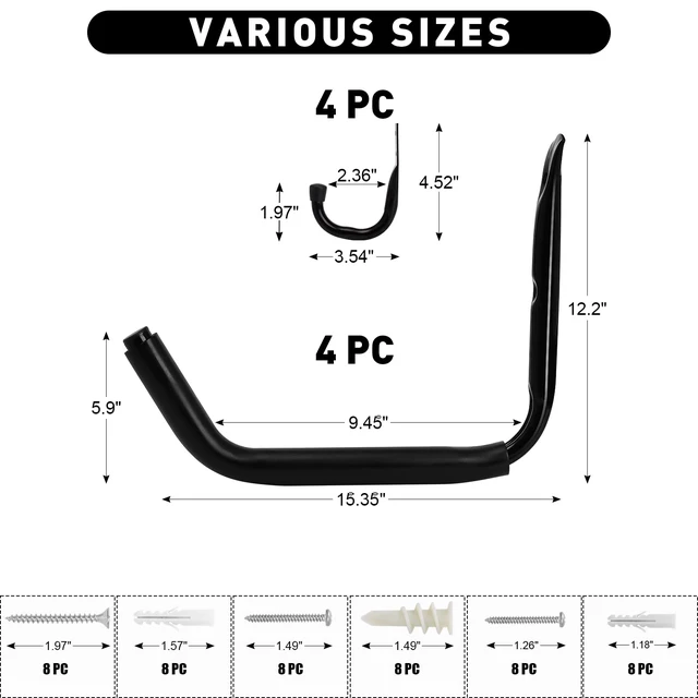 Alt view image 3 of 7 - 15" Heavy Duty Garage Storage Hooks, 8 Pack Wall Mount Kayak Rack Kayak Hook for Hanging Indoor/Outdoor, 100LB Large Wall Hook for Ladder Surfboards, Organization Hangers, Kayak Accessories