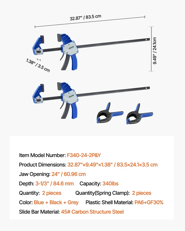Alt view image 7 of 7 - Bar Clamps for Woodworking, 2-Pack 24 inch One-Handed Clamp/Spreader, Quick-Grip F-Clamp with 340 lbs Load Limit, Premium Plastic and Carbon Steel, for Woodworking Metal working, Blue + Black