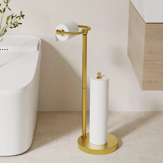 Alt view image 2 of 6 - Toilet Paper Holder Stand, Modern Bathroom Free Standing Toilet Paper Holder with Storage for 4 Rolls, Post Pivoting Toilet Paper Stand Stainless Steel Tissue Rack, Heavy Stable Base(Brushed Gold)
