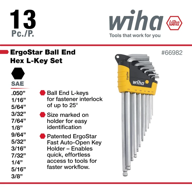 Alt view image 3 of 5 - 66988 ErgoStar Ball End Hex L-Key Set, 13 Piece, Inch Patented Auto-Open Holder, Chrome-V-Moly Steel - Screwdriver Bit Sets