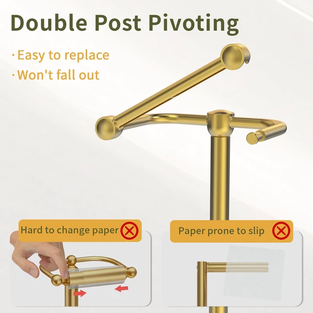 Alt view image 3 of 6 - Toilet Paper Holder Stand, Modern Bathroom Free Standing Toilet Paper Holder with Storage for 4 Rolls, Post Pivoting Toilet Paper Stand Stainless Steel Tissue Rack, Heavy Stable Base(Brushed Gold)