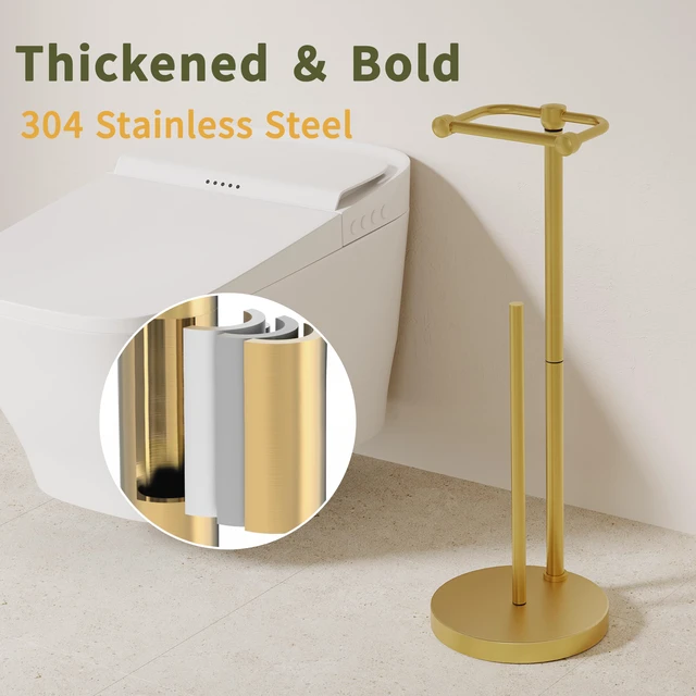 Alt view image 5 of 6 - Toilet Paper Holder Stand, Modern Bathroom Free Standing Toilet Paper Holder with Storage for 4 Rolls, Post Pivoting Toilet Paper Stand Stainless Steel Tissue Rack, Heavy Stable Base(Brushed Gold)