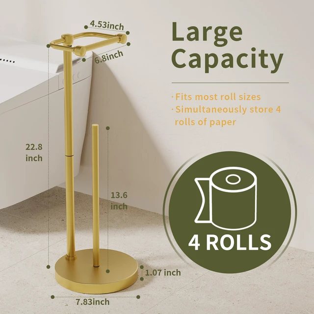 Alt view image 6 of 6 - Toilet Paper Holder Stand, Modern Bathroom Free Standing Toilet Paper Holder with Storage for 4 Rolls, Post Pivoting Toilet Paper Stand Stainless Steel Tissue Rack, Heavy Stable Base(Brushed Gold)