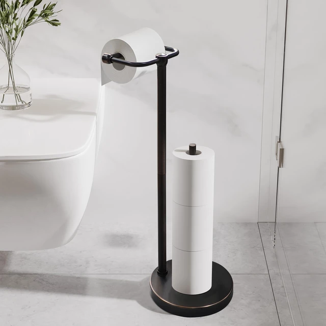 Alt view image 2 of 6 - Toilet Paper Holder Stand, Post Pivoting Design Free Standing Toilet Paper Holder with Storage for 4 Rolls, 304 Stainless Steel Tissue Holder with Reserve, Heavy-Duty Base (Oil Rubbed Bronze)