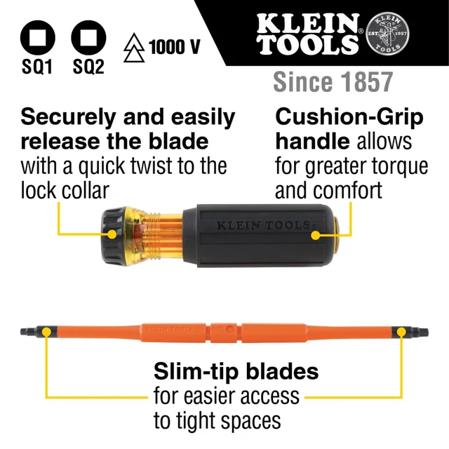 Alt view image 2 of 7 - 32287 Insulated Screwdriver, 2-in-1 Screwdriver Set with Flip Blade, #1 and #2 Square Tips, Double-Ended Blades