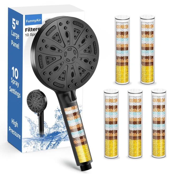 Main image of Black Filtered Shower Head Handheld, 5 Filters Hard Water Softener 9 Spray Modes, High Pressure, 20-Stage Filtration, Remove Chlorine and Heavy Metals, Relieve Dry Itchy Skin, Hose Included