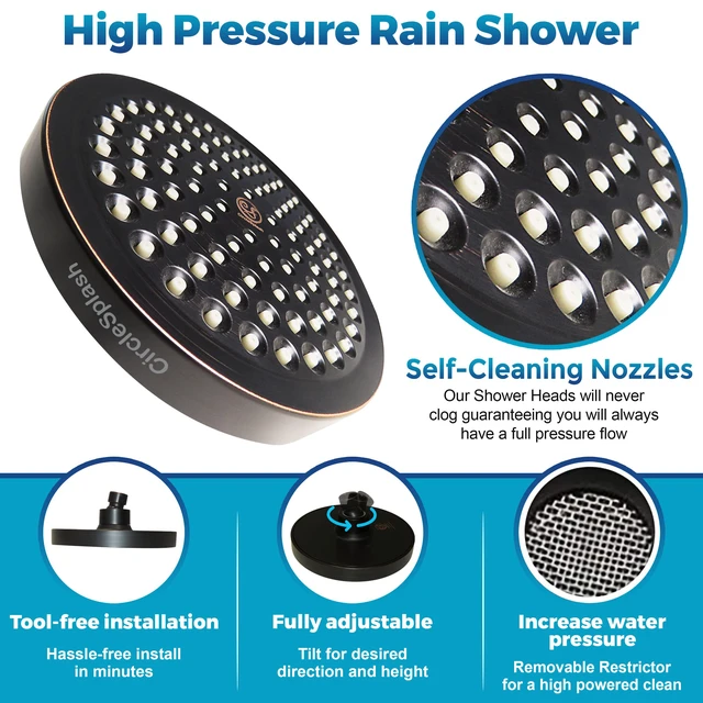 Alt view image 2 of 7 - Shower Head - High Pressure 2.5 GPM - Oil Rubbed Bronze Anti-clog silicone nozzles, removable restrictor, easy-clean fixed replacement