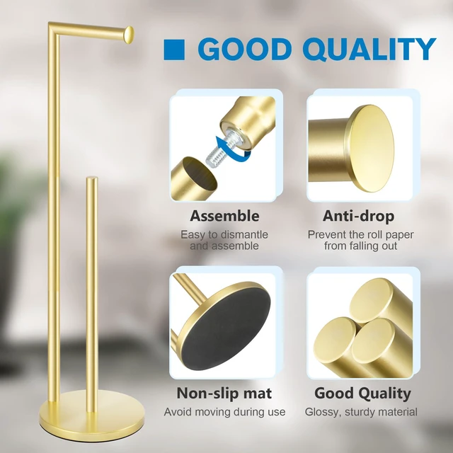 Alt view image 3 of 6 - Toilet Paper Holder Stand, Gold Toilet Paper Holder Free Standing Toilet Paper Holder for 4 Rolls, Bathroom Organizers and Storage with Anti-Slip Base and Rustproof