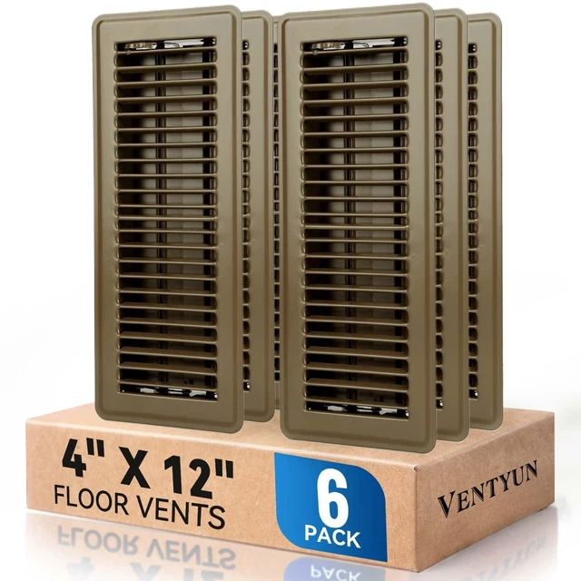 Main image of 4" x 12" Floor Register Vent Covers 6Pack, Brown, Steel Floor Vent Walkable Powder-Coated Metal Vent Covers with Adjustable Airflow, Curved Safe Edges for Home Floor