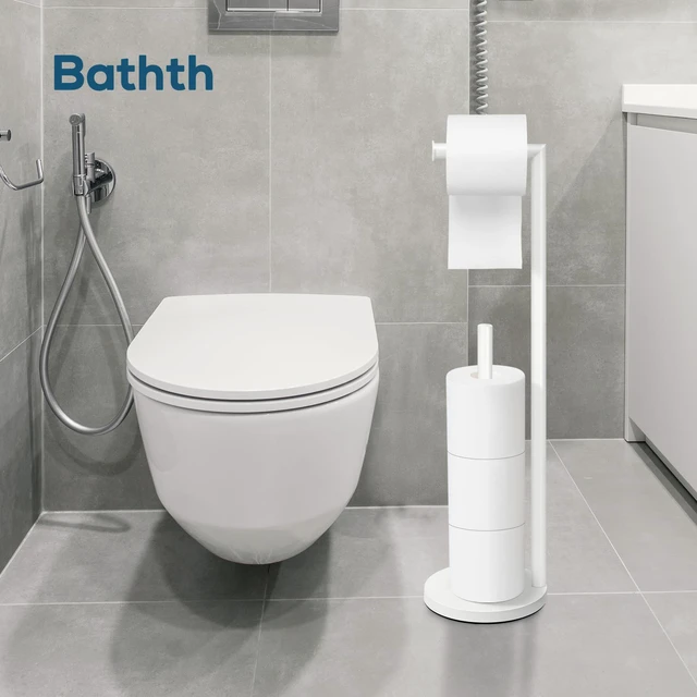 Alt view image 4 of 6 - Toilet Paper Holder Stand, White Toilet Paper Holder Free Standing Toilet Paper Holder for 4 Rolls, Bathroom Organizers and Storage with Anti-Slip Base and Rustproof