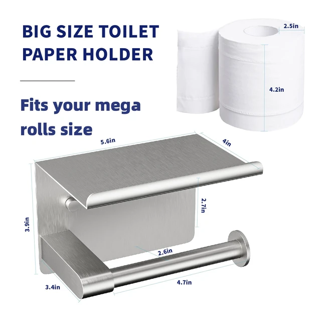 Alt view image 2 of 7 - Brushed Nickel Toilet Paper Holder Wall Mount, Fits Mega Rolls Size Adhesive or Screw-in, Stainless Steel Material, Wall-Mount Design with Shelf, Thickened Thickness, Modern Stylish Design