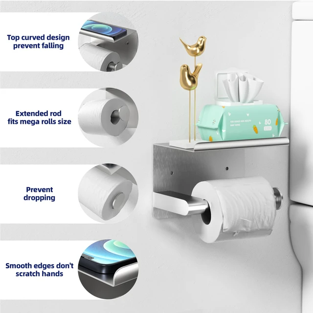 Alt view image 3 of 7 - Brushed Nickel Toilet Paper Holder Wall Mount, Fits Mega Rolls Size Adhesive or Screw-in, Stainless Steel Material, Wall-Mount Design with Shelf, Thickened Thickness, Modern Stylish Design
