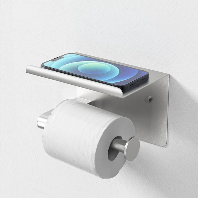 Alt view image 5 of 7 - Brushed Nickel Toilet Paper Holder Wall Mount, Fits Mega Rolls Size Adhesive or Screw-in, Stainless Steel Material, Wall-Mount Design with Shelf, Thickened Thickness, Modern Stylish Design