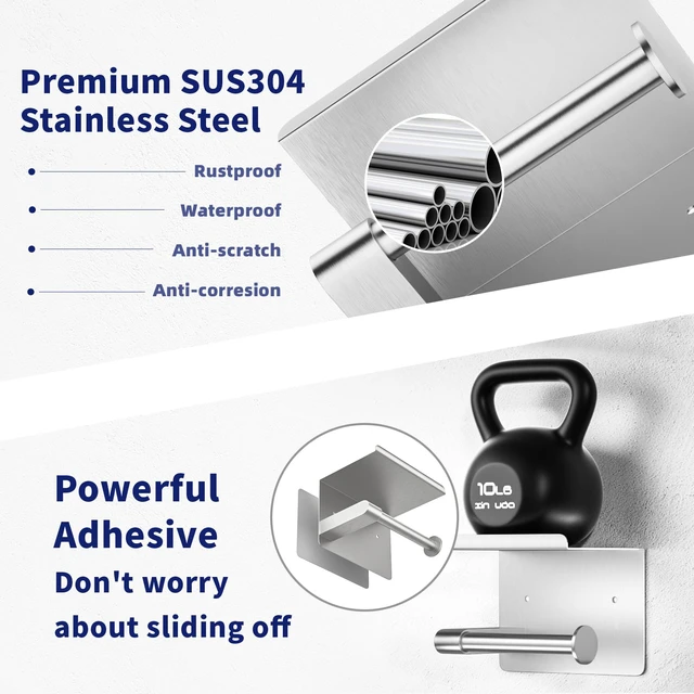 Alt view image 4 of 7 - Brushed Nickel Toilet Paper Holder Wall Mount, Fits Mega Rolls Size Adhesive or Screw-in, Stainless Steel Material, Wall-Mount Design with Shelf, Thickened Thickness, Modern Stylish Design