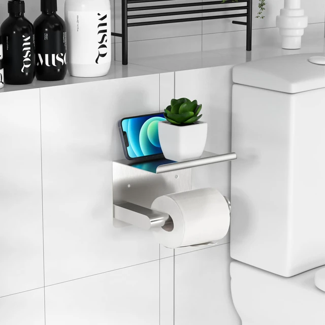 Alt view image 6 of 7 - Brushed Nickel Toilet Paper Holder Wall Mount, Fits Mega Rolls Size Adhesive or Screw-in, Stainless Steel Material, Wall-Mount Design with Shelf, Thickened Thickness, Modern Stylish Design