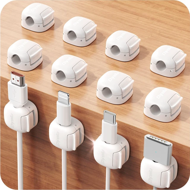 Main image of 12Pack Cord Organizer, Compact Dual Spring & Clasp Lock Cable Management Clips, Adhesive Phone Charger Keeper, Wire Holder for Nightstand/Car, Home Office Desk Accessories Decor Essentials