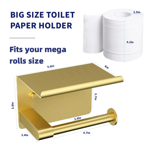 Alt view image 2 of 7 - Brushed Gold Toilet Paper Holder Wall Mount, Adhesive or Screw-in Fits Mega Rolls Size, Waterproof and Rustproof Stainless Steel, with Shelf Wall Mount Design, Thickened Thickness Design