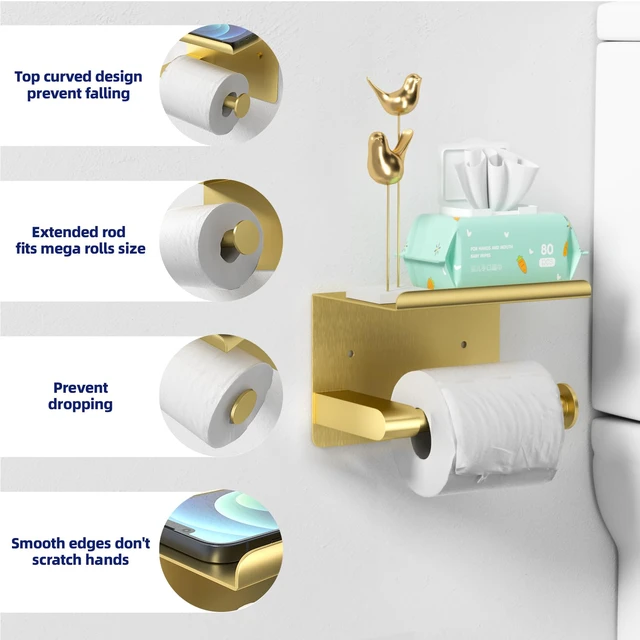 Alt view image 3 of 7 - Brushed Gold Toilet Paper Holder Wall Mount, Adhesive or Screw-in Fits Mega Rolls Size, Waterproof and Rustproof Stainless Steel, with Shelf Wall Mount Design, Thickened Thickness Design