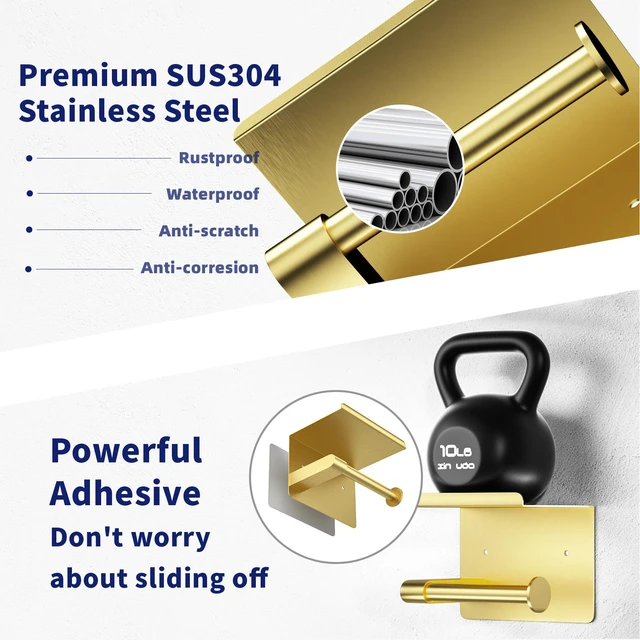 Alt view image 4 of 7 - Brushed Gold Toilet Paper Holder Wall Mount, Adhesive or Screw-in Fits Mega Rolls Size, Waterproof and Rustproof Stainless Steel, with Shelf Wall Mount Design, Thickened Thickness Design