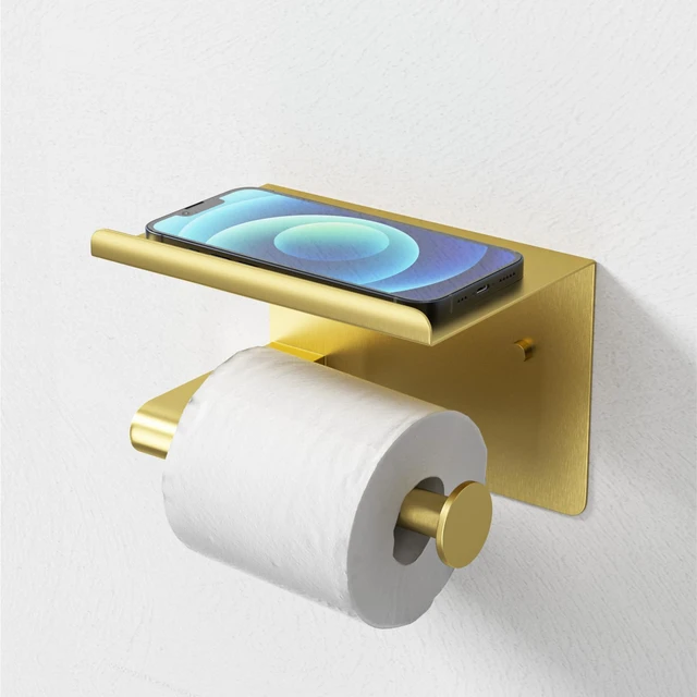 Alt view image 5 of 7 - Brushed Gold Toilet Paper Holder Wall Mount, Adhesive or Screw-in Fits Mega Rolls Size, Waterproof and Rustproof Stainless Steel, with Shelf Wall Mount Design, Thickened Thickness Design