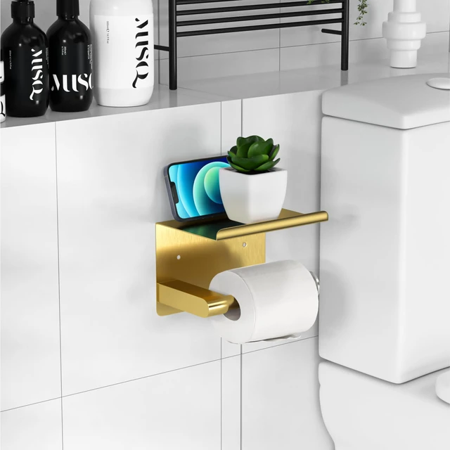 Alt view image 6 of 7 - Brushed Gold Toilet Paper Holder Wall Mount, Adhesive or Screw-in Fits Mega Rolls Size, Waterproof and Rustproof Stainless Steel, with Shelf Wall Mount Design, Thickened Thickness Design