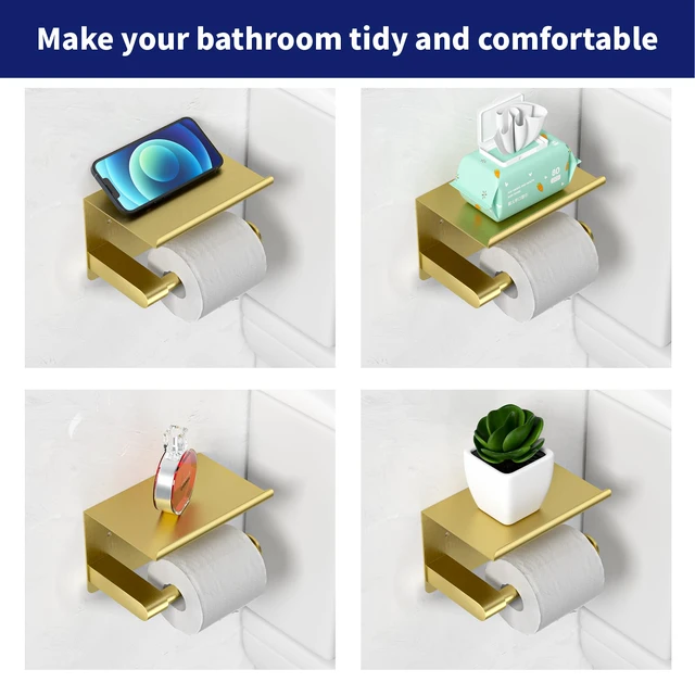 Alt view image 7 of 7 - Brushed Gold Toilet Paper Holder Wall Mount, Adhesive or Screw-in Fits Mega Rolls Size, Waterproof and Rustproof Stainless Steel, with Shelf Wall Mount Design, Thickened Thickness Design