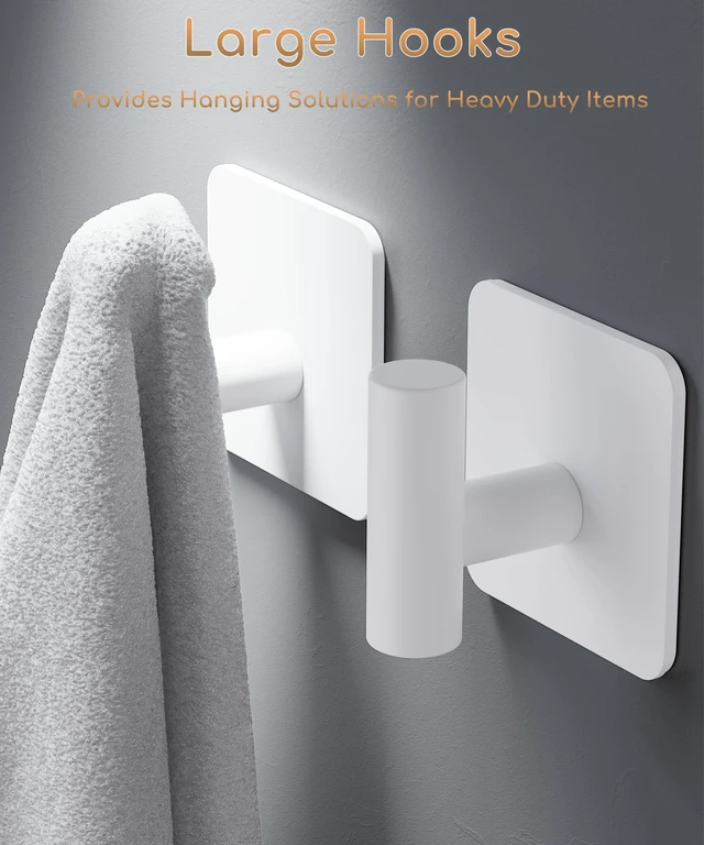 Alt view image 2 of 7 - 4 Pack Large Heavy Duty Wall Hooks - 26lb Max, Stainless Steel Adhesive Towel Hook, Shower Hooks for Hanging Towel, Coat, Robe, Wall Hook for Use in Bathroom, Kitchen and Door, White